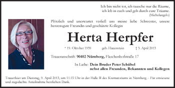 Traueranzeige von Herta Herpfer von Pegnitz-Zeitung